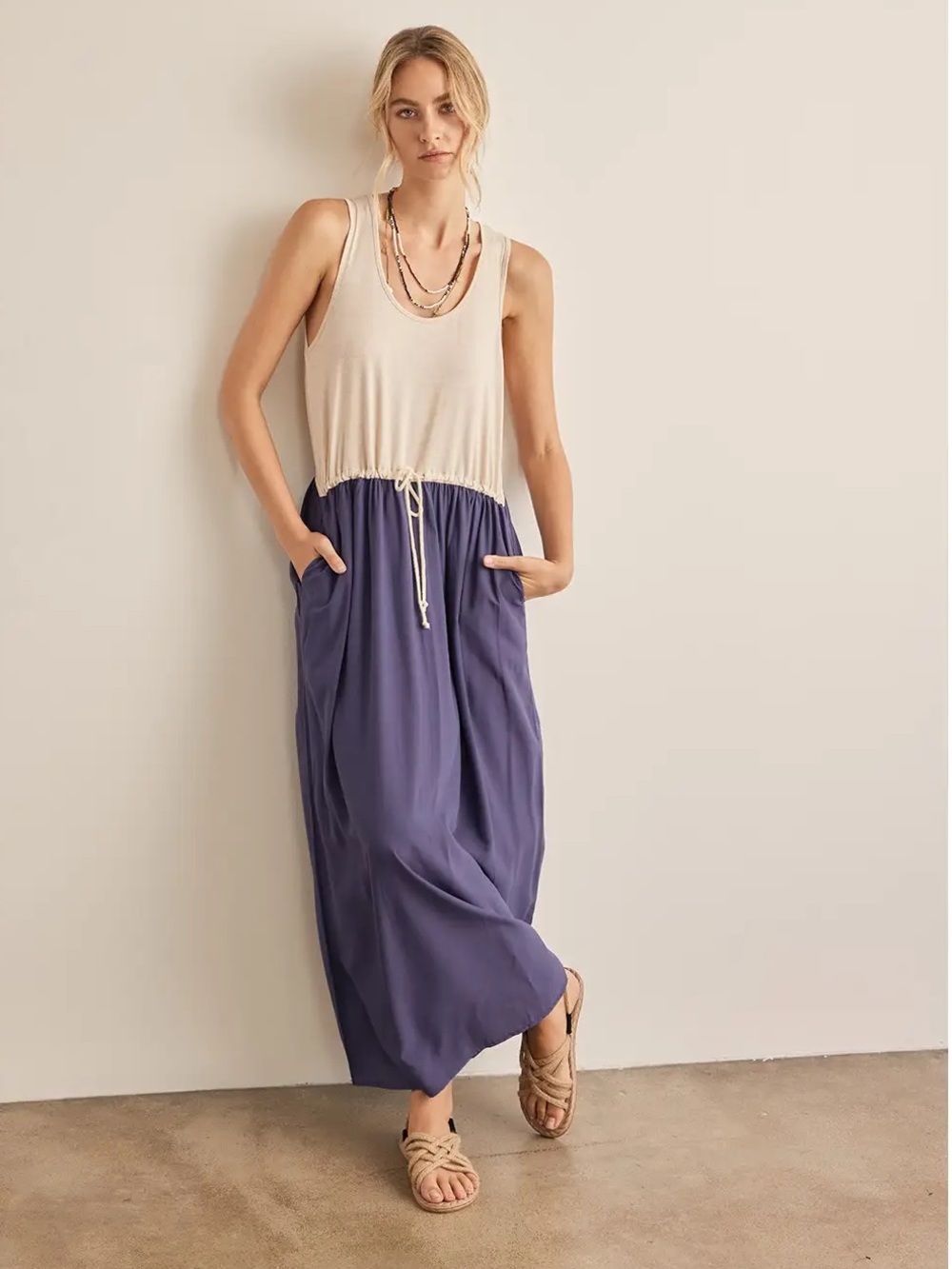 In February Two Tone Sleeveless Maxi Dress Drawstring Detail Size Small